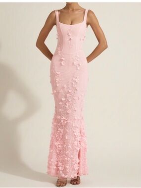 Elegant Pink Floral Appliqué Evening Gown